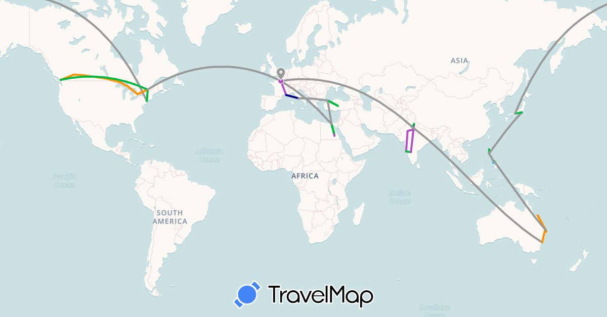 TravelMap itinerary: driving, bus, plane, train, boat, hitchhiking in Australia, Canada, Egypt, France, India, Italy, Japan, Philippines, Turkey, United States (Africa, Asia, Europe, North America, Oceania)